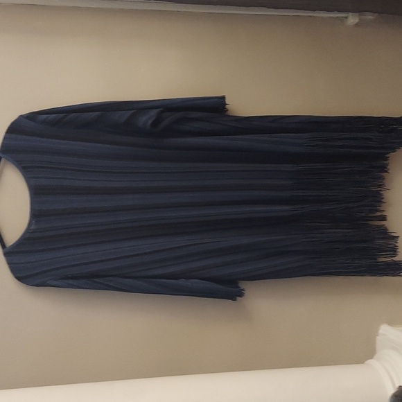 NIC+ZOE Navy Striped Boatneck Pullover Fringed Linen Sweater - Picture 9 of 11